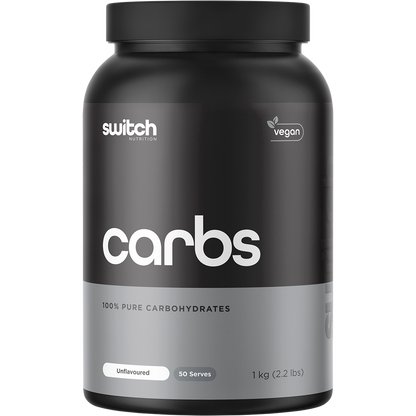 1kg tub of Switch Nutrition Carbs, 100% pure unflavoured carbohydrates, on a white background.