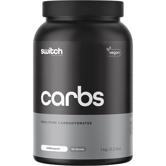1kg tub of Switch Nutrition Carbs, 100% pure unflavoured carbohydrates, on a white background.