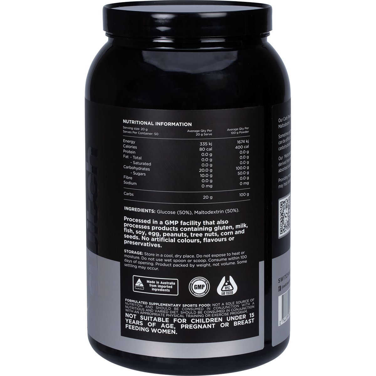 Back of the 1kg Switch Nutrition Carbs tub showing nutritional information and directions for use.