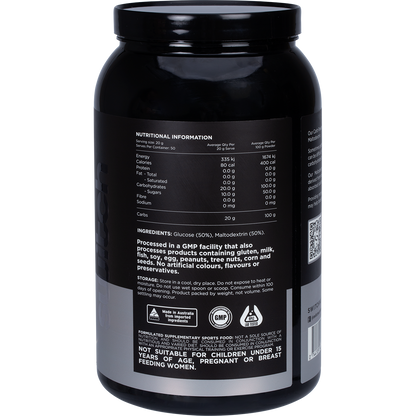 Back of the 1kg Switch Nutrition Carbs tub showing nutritional information and directions for use.