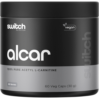Switch Nutrition Alcar 60 caps bottle of 100% pure Acetyl L-Carnitine for energy and focus.