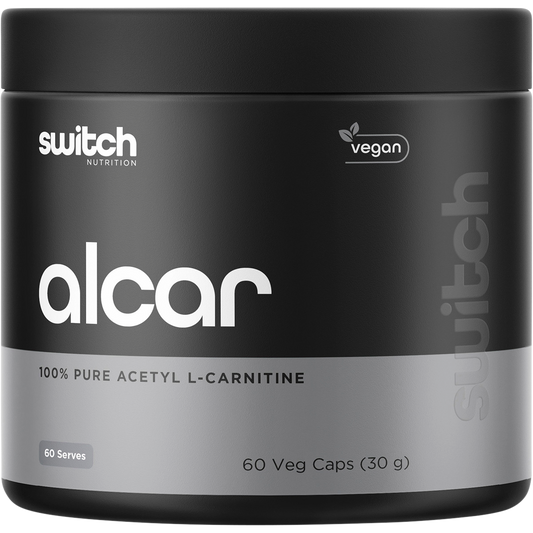 Switch Nutrition Alcar 60 caps bottle of 100% pure Acetyl L-Carnitine for energy and focus.