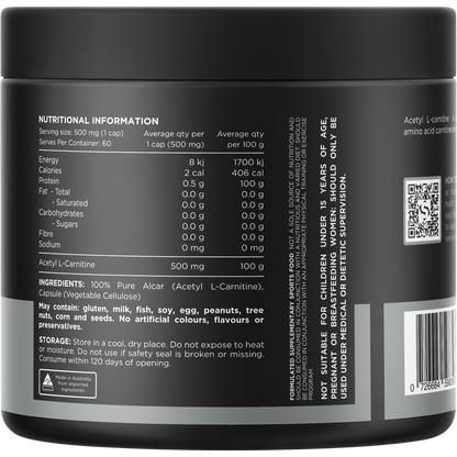 Back label of Switch Nutrition Alcar 60 capsules bottle showing ingredients and nutritional information.