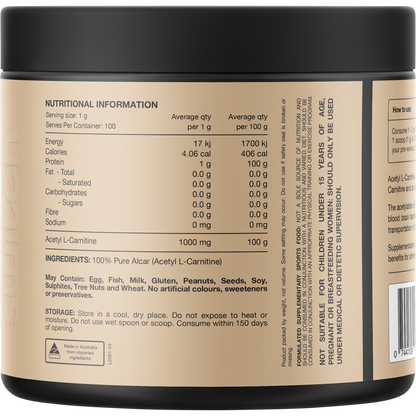 The back of a Switch Nutrition 100g tub of Acetyl L-Carnitine, showing ingredients and nutritional information.