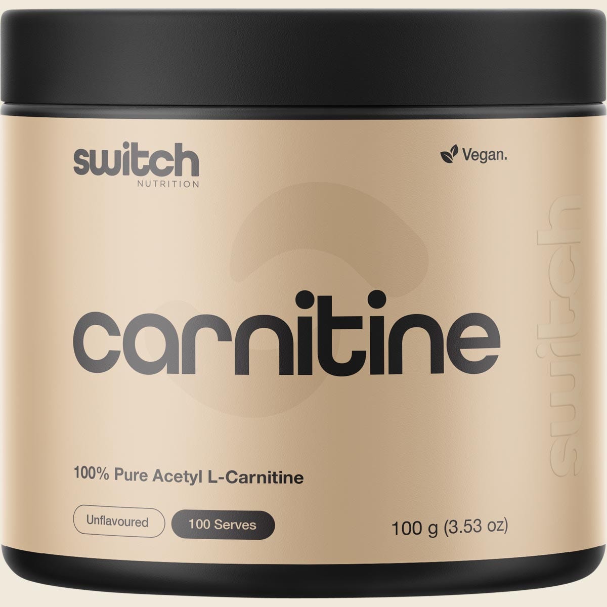 100g tub of Switch Nutrition Carnitine 100% Pure Acetyl L-Carnitine Unflavoured on a white background.