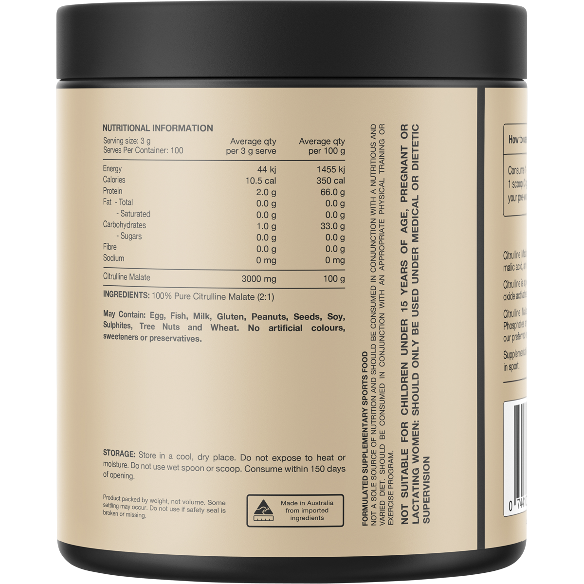 Back of a 300g tub of Switch Nutrition 100% Pure Citrulline showing nutritional information and directions for use.