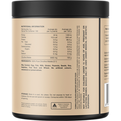 Back of a 300g tub of Switch Nutrition 100% Pure Citrulline showing nutritional information and directions for use.
