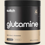 300g tub of Switch Nutrition 100% Pure L-Glutamine unflavoured powder on a white background.