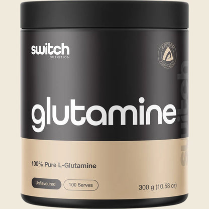 300g tub of Switch Nutrition 100% Pure L-Glutamine unflavoured powder on a white background.