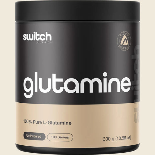 300g tub of Switch Nutrition 100% Pure L-Glutamine unflavoured powder on a white background.