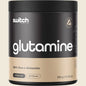 300g tub of Switch Nutrition 100% Pure L-Glutamine unflavoured powder on a white background.