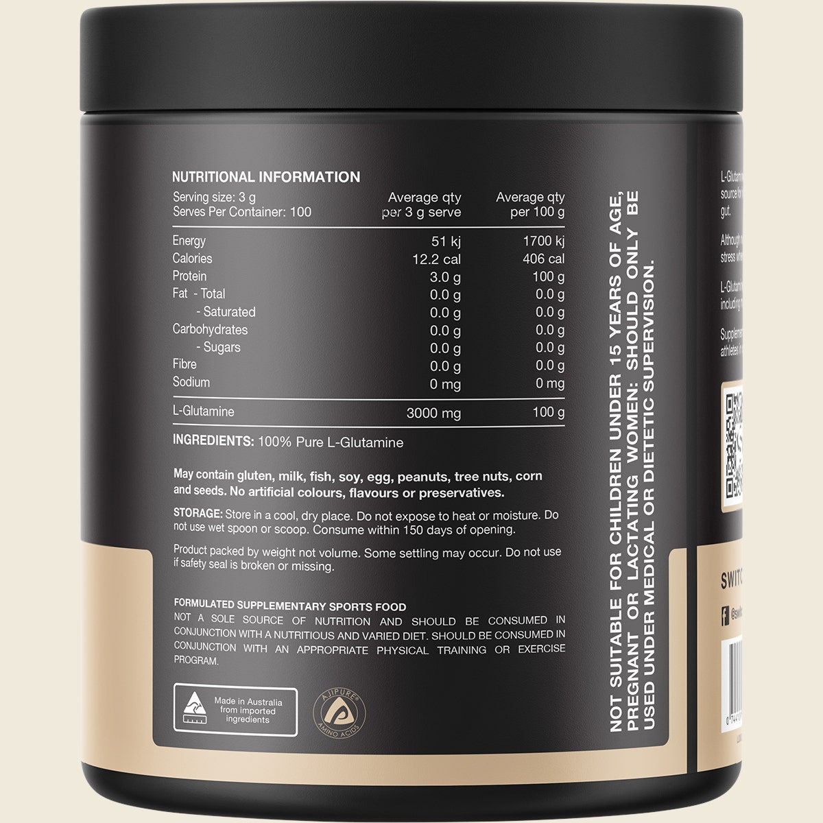Back of Switch Nutrition L-Glutamine 300g tub showing nutritional information, directions, and pure ingredient list.