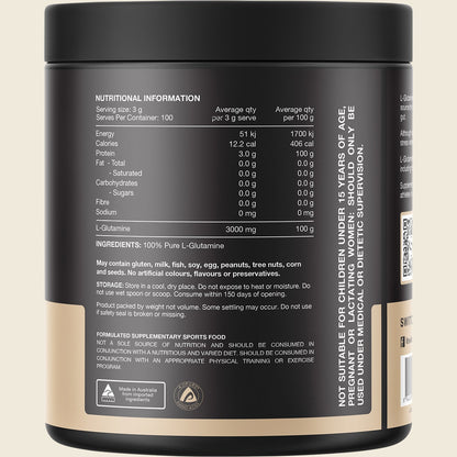 Back of Switch Nutrition L-Glutamine 300g tub showing nutritional information, directions, and pure ingredient list.