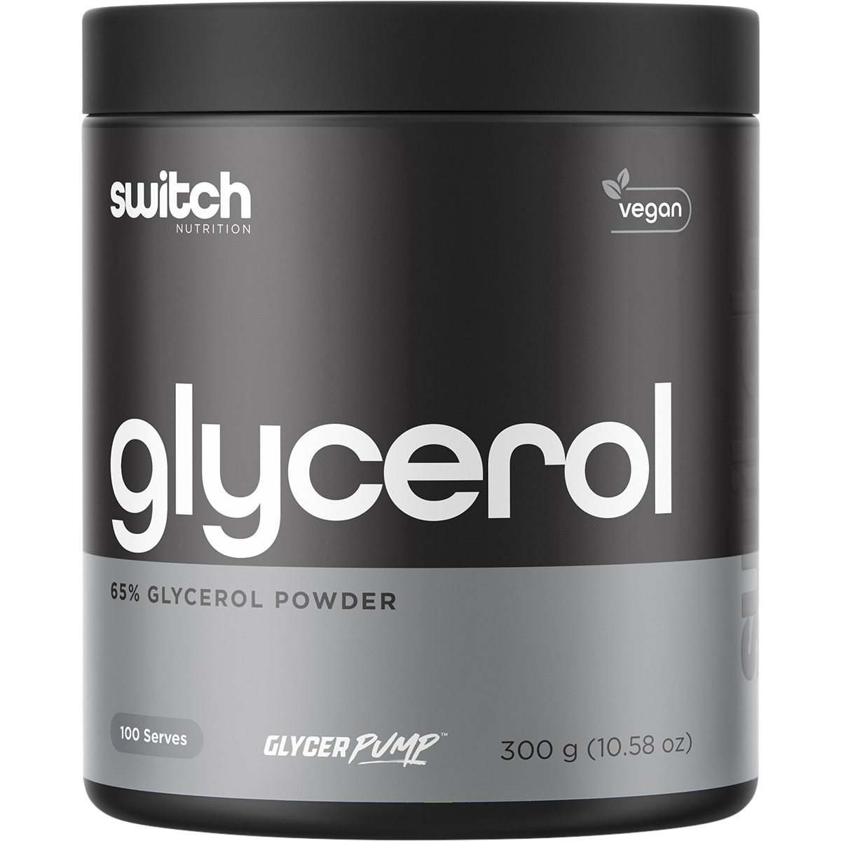 300g tub of Switch Nutrition Glycerol 65% Glycerol Powder, a supplement for hydration and performance.