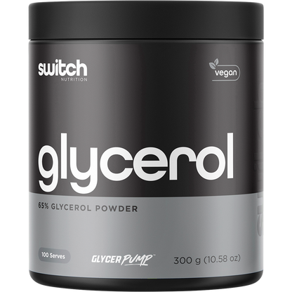 300g tub of Switch Nutrition Glycerol 65% Glycerol Powder, a supplement for hydration and performance.