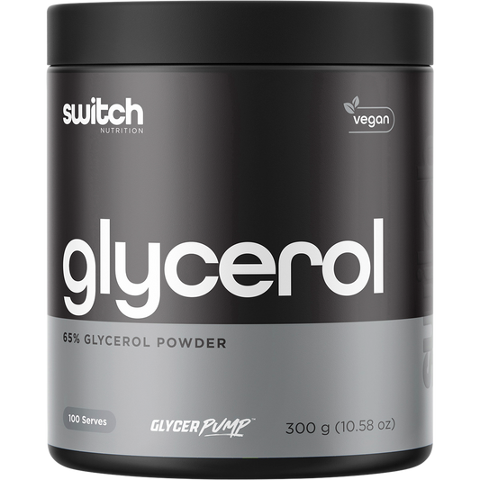 300g tub of Switch Nutrition Glycerol 65% Glycerol Powder, a supplement for hydration and performance.