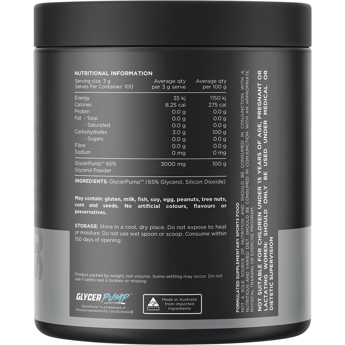 Back of Switch Nutrition Glycerol 300g tub showing nutritional information and directions on a white background.
