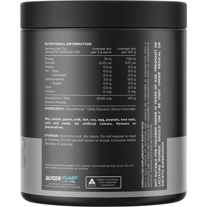 Back of Switch Nutrition Glycerol 300g tub showing nutritional information and directions on a white background.