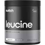 200g tub of Switch Nutrition Leucine 100% Pure L-Leucine Unflavoured powder on a white background.