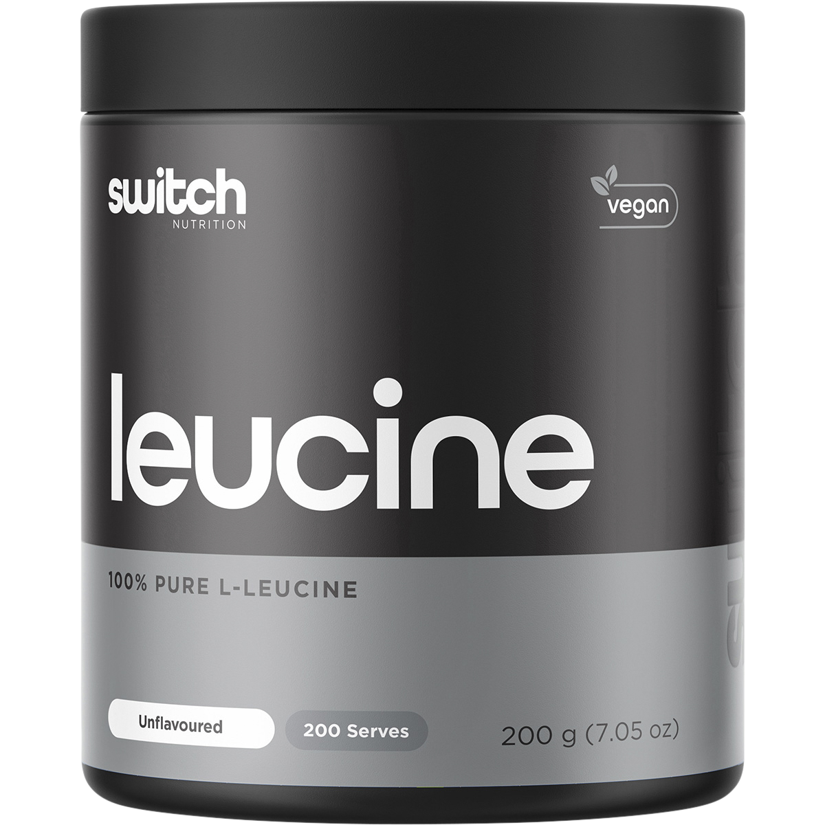 200g tub of Switch Nutrition Leucine 100% Pure L-Leucine Unflavoured powder on a white background.