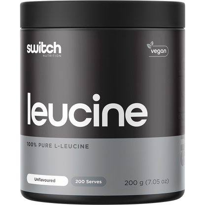 200g tub of Switch Nutrition Leucine 100% Pure L-Leucine Unflavoured powder on a white background.
