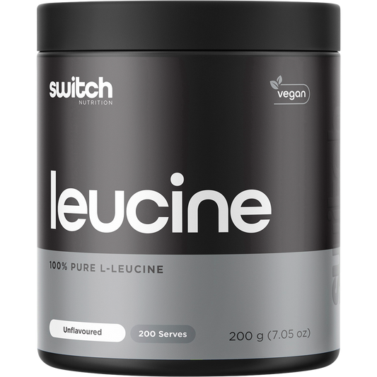 200g tub of Switch Nutrition Leucine 100% Pure L-Leucine Unflavoured powder on a white background.