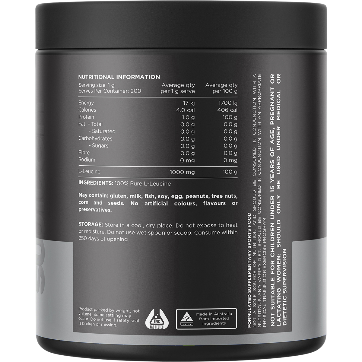 Rear view of a 200g tub of Switch Nutrition Leucine powder, showing nutritional information and directions for use.