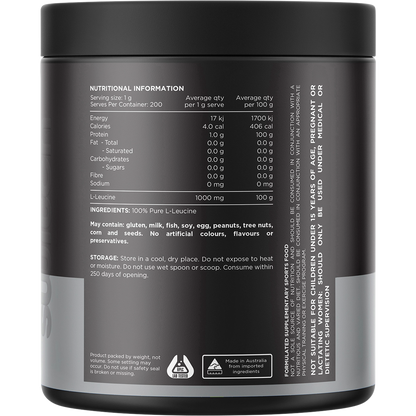 Rear view of a 200g tub of Switch Nutrition Leucine powder, showing nutritional information and directions for use.