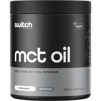 250g tub of Switch Nutrition 100% Pure MCT Oil Powder, unflavoured, for energy and mental clarity.