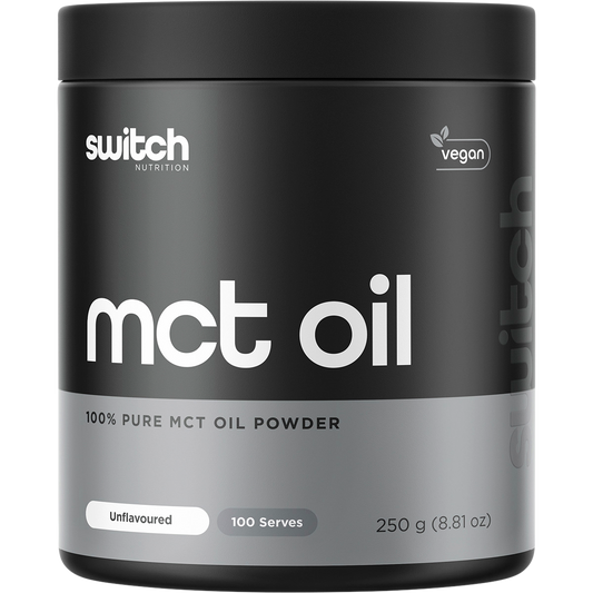 250g tub of Switch Nutrition 100% Pure MCT Oil Powder, unflavoured, for energy and mental clarity.