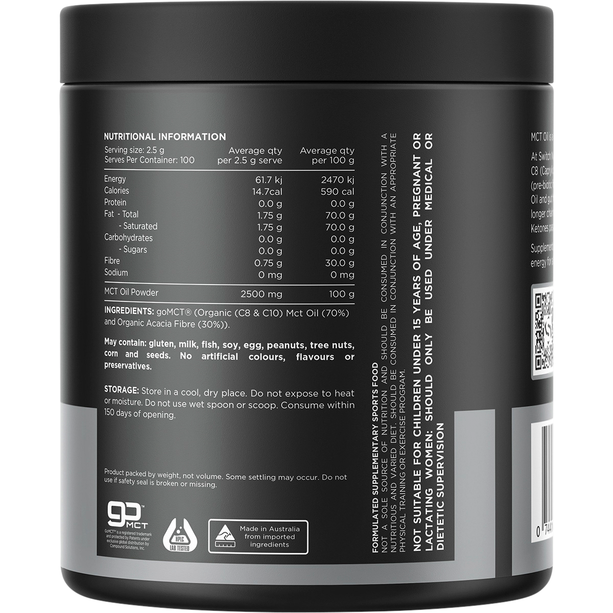 Back label of Switch Nutrition MCT Oil Powder showing nutritional information and ingredients on a white tub.