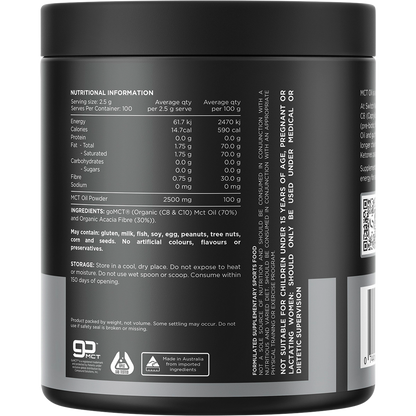 Back label of Switch Nutrition MCT Oil Powder showing nutritional information and ingredients on a white tub.