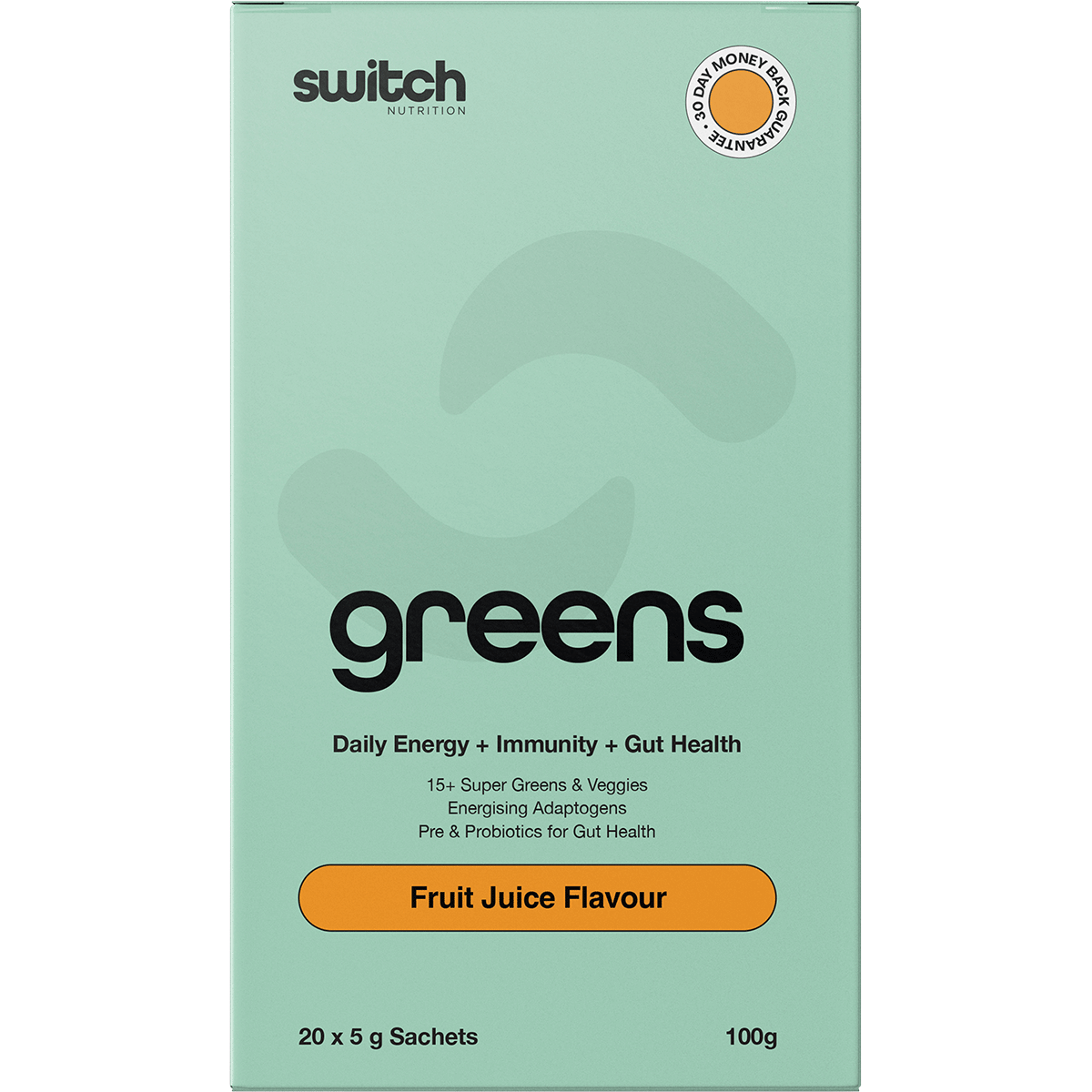 Front of Switch Nutrition Greens Fruit Juice box, a 20-pack of 5g superfood sachets for energy and gut support.