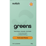 Front of Switch Nutrition Greens Fruit Juice box, a 20-pack of 5g superfood sachets for energy and gut support.