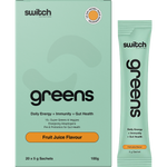 Box and individual sachet of Switch Nutrition Greens Fruit Juice superfood blend with 20 x 5g servings.
