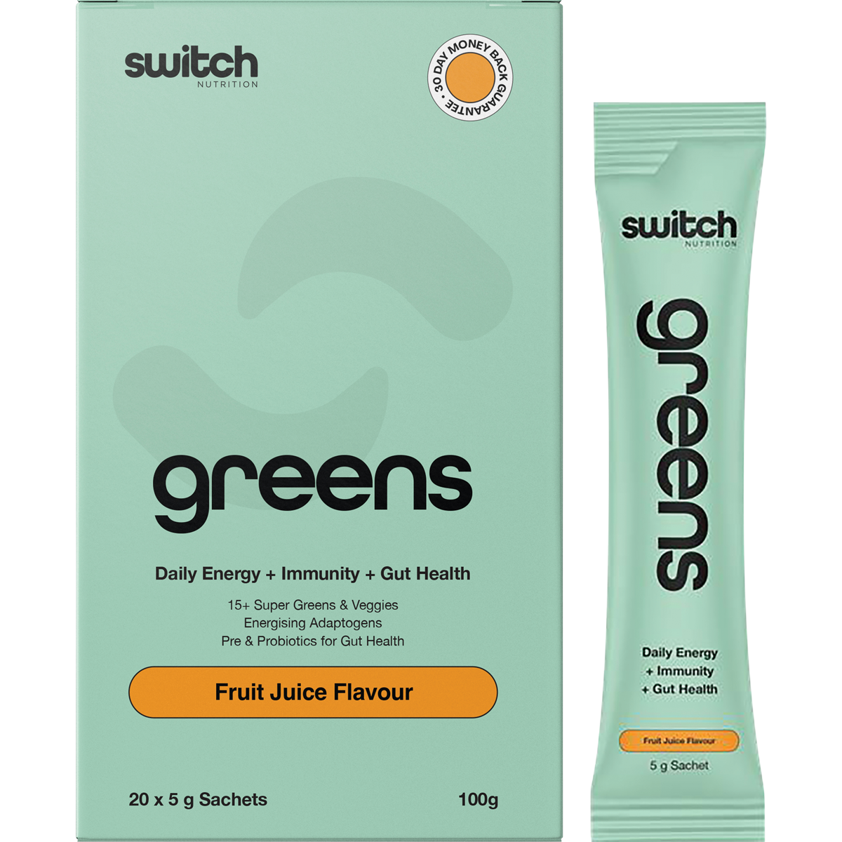 Box and individual sachet of Switch Nutrition Greens Fruit Juice superfood blend with 20 x 5g servings.
