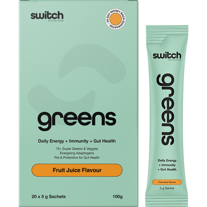 Box and individual sachet of Switch Nutrition Greens Fruit Juice superfood blend with 20 x 5g servings.