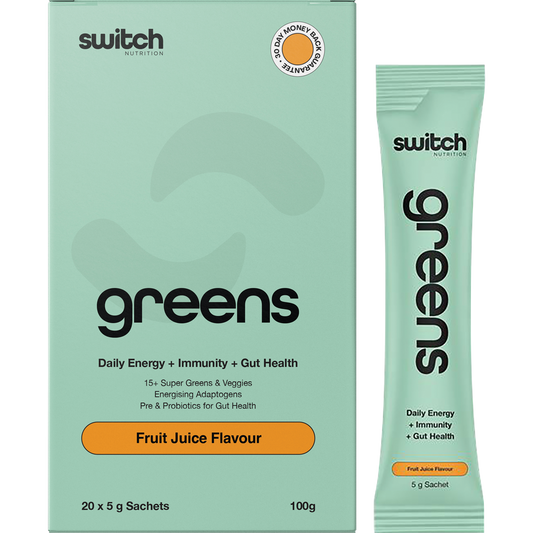 Box and individual sachet of Switch Nutrition Greens Fruit Juice superfood blend with 20 x 5g servings.