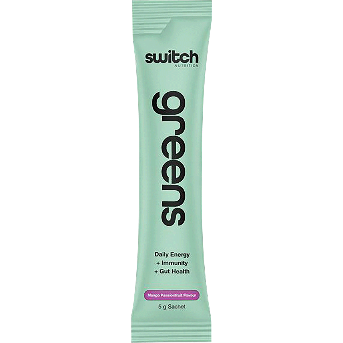 Single 5g sachet of Switch Nutrition Vitality Greens in Mango Passionfruit flavor on a white background.