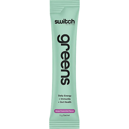 Single 5g sachet of Switch Nutrition Vitality Greens in Mango Passionfruit flavor on a white background.