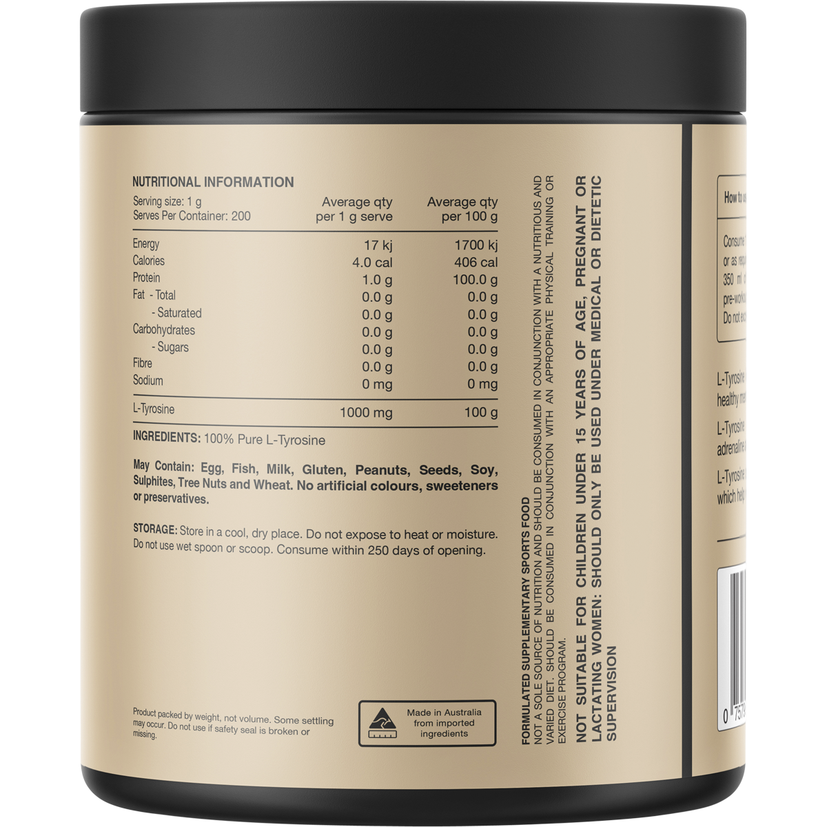 Back of Switch Nutrition Tyrosine 200g tub showing ingredients, nutritional panel, and directions for use.