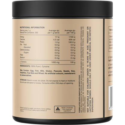 Back of Switch Nutrition Tyrosine 200g tub showing ingredients, nutritional panel, and directions for use.