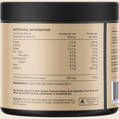 Back of Switch Nutrition Tart Cherry Extract 30g tub showing nutritional information and directions on a white background.