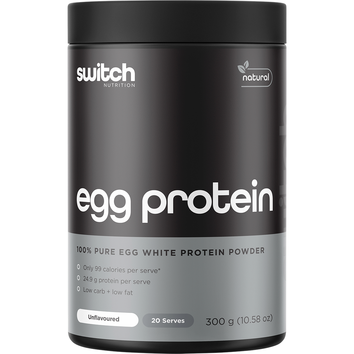 Switch Nutrition Egg White Protein Powder Unflavoured 300g tub with a white label and grey botanical patterns.