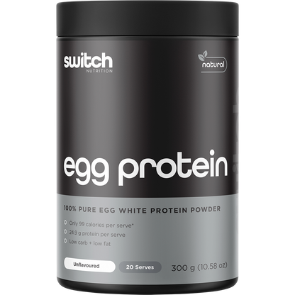 Switch Nutrition Egg White Protein Powder Unflavoured 300g tub with a white label and grey botanical patterns.