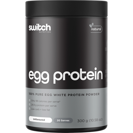 Switch Nutrition Egg White Protein Powder Unflavoured 300g tub with a white label and grey botanical patterns.
