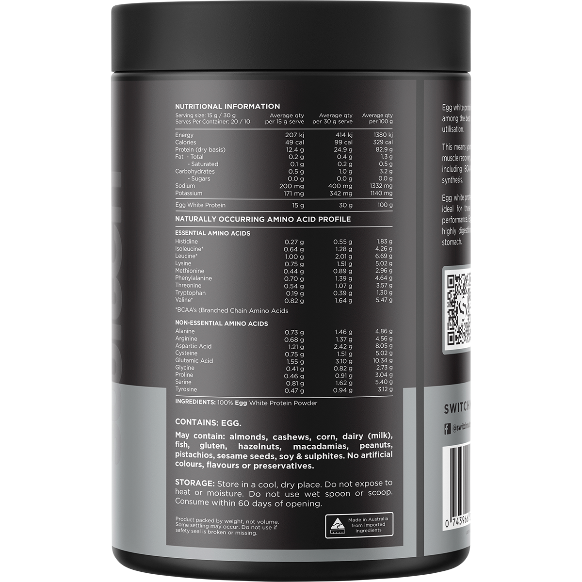 Back view of a 300g tub of Switch Nutrition Egg White Protein Powder showing nutritional facts and directions for use.