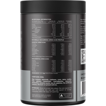 Back view of a 300g tub of Switch Nutrition Egg White Protein Powder showing nutritional facts and directions for use.
