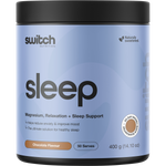 400g tub of Switch Nutrition Sleep Magnesium Chocolate powder supplement with a black and gold label.
