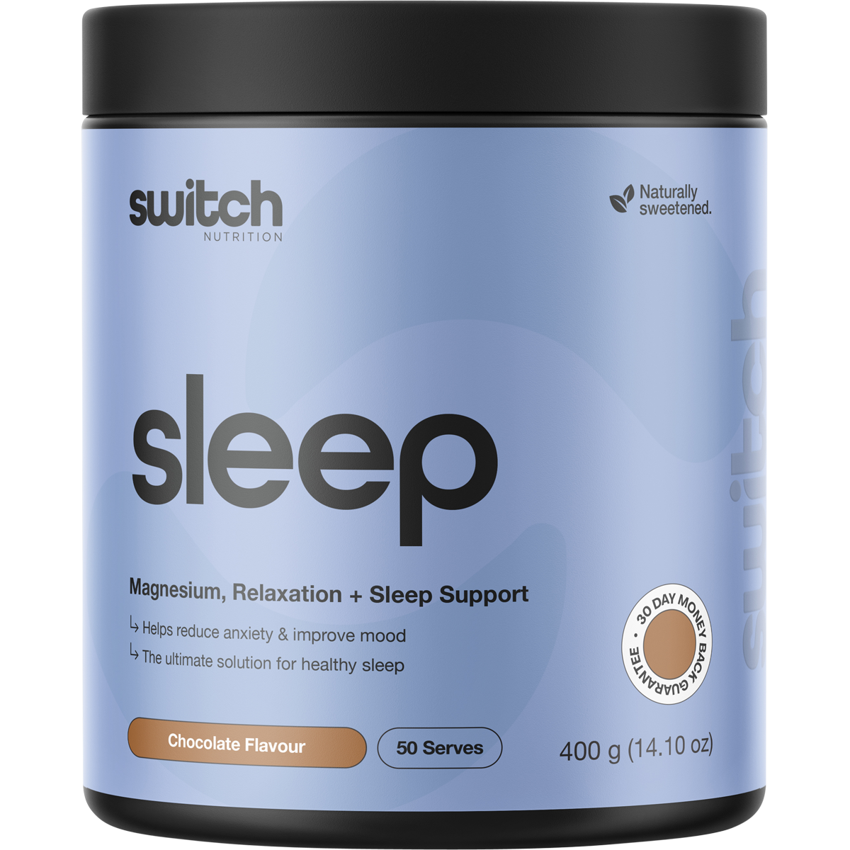 400g tub of Switch Nutrition Sleep Magnesium Chocolate powder supplement with a black and gold label.